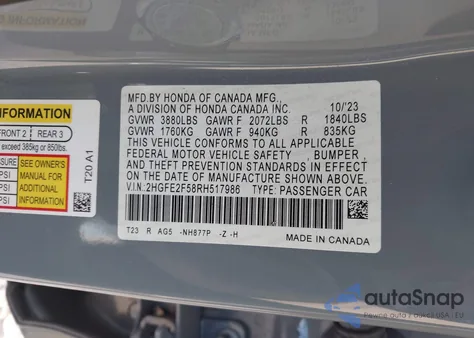 2024 Honda Civic Sport from USA, damaged, VIN 2HGFE2F58RH517986